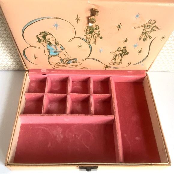 SOLD RARE 60s Jewelry Box Vintage Princess Pink Velvet Lined Retro Atomic Starbu - Picture 5 of 8